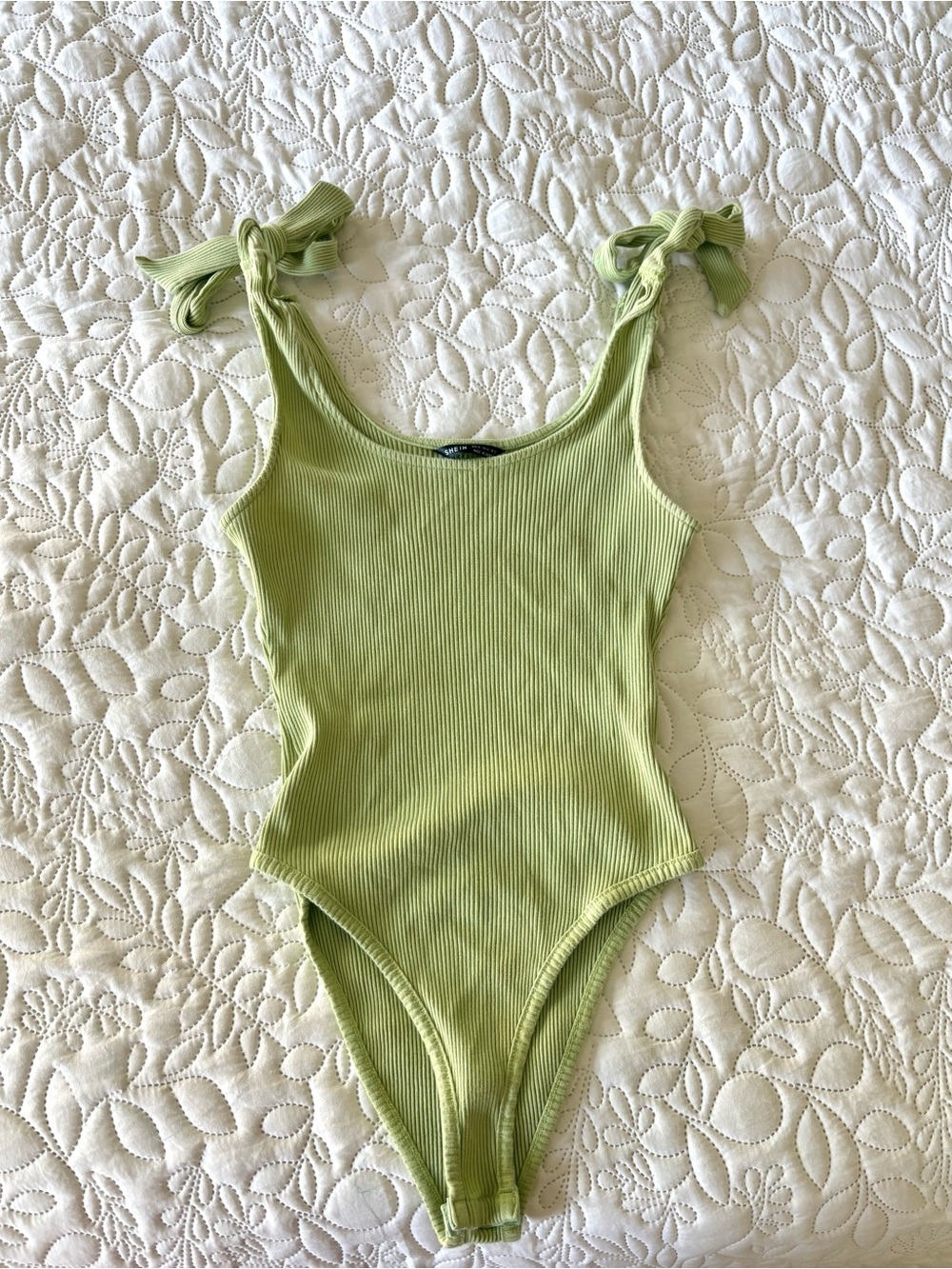 SHEIN Lime Green Ribbed Tie Shoulder Bodysuit